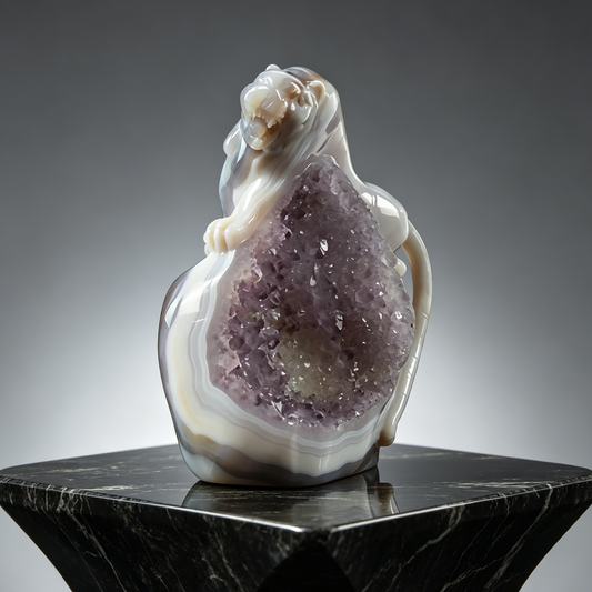 Additional view of a one-of-a-kind Amethyst crystal-cluster tiger carving
