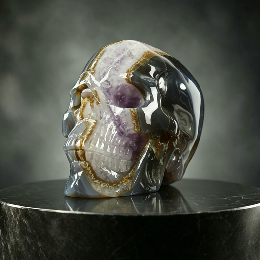 Additional view of a one-of-a-kind Amethyst geode skull carving
