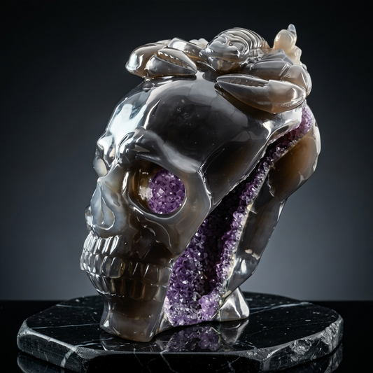 Additional view of a one-of-a-kind Amethyst geode skull and scorpion sculpture