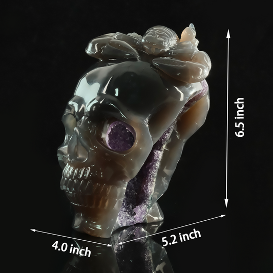Additional view of a one-of-a-kind Amethyst geode skull and scorpion sculpture