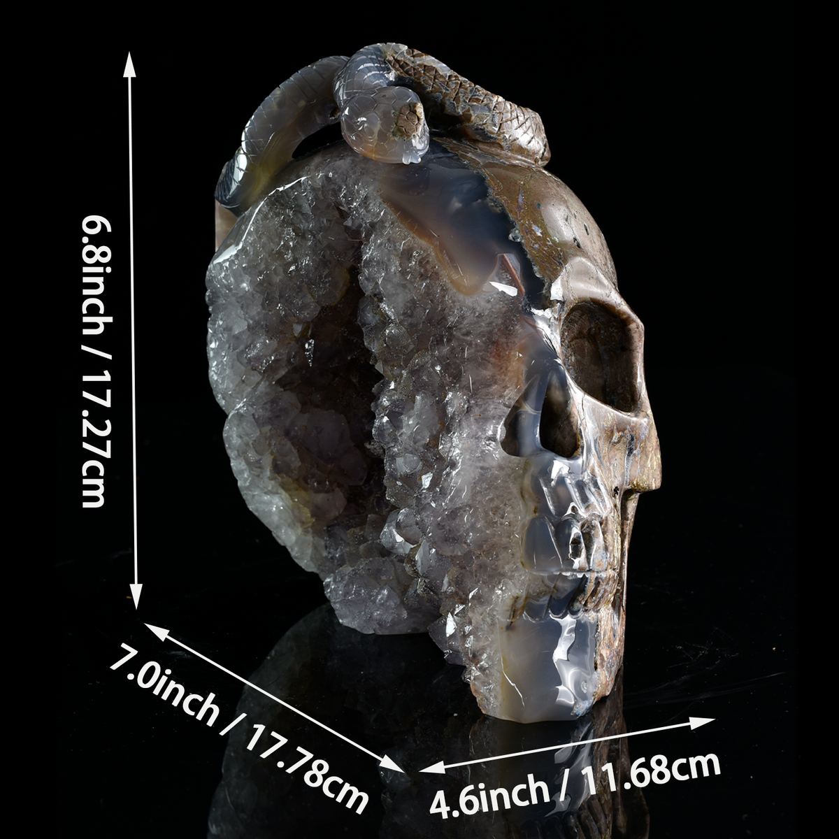 Additional view of a one-of-a-kind Amethyst geode skull and serpent sculpture