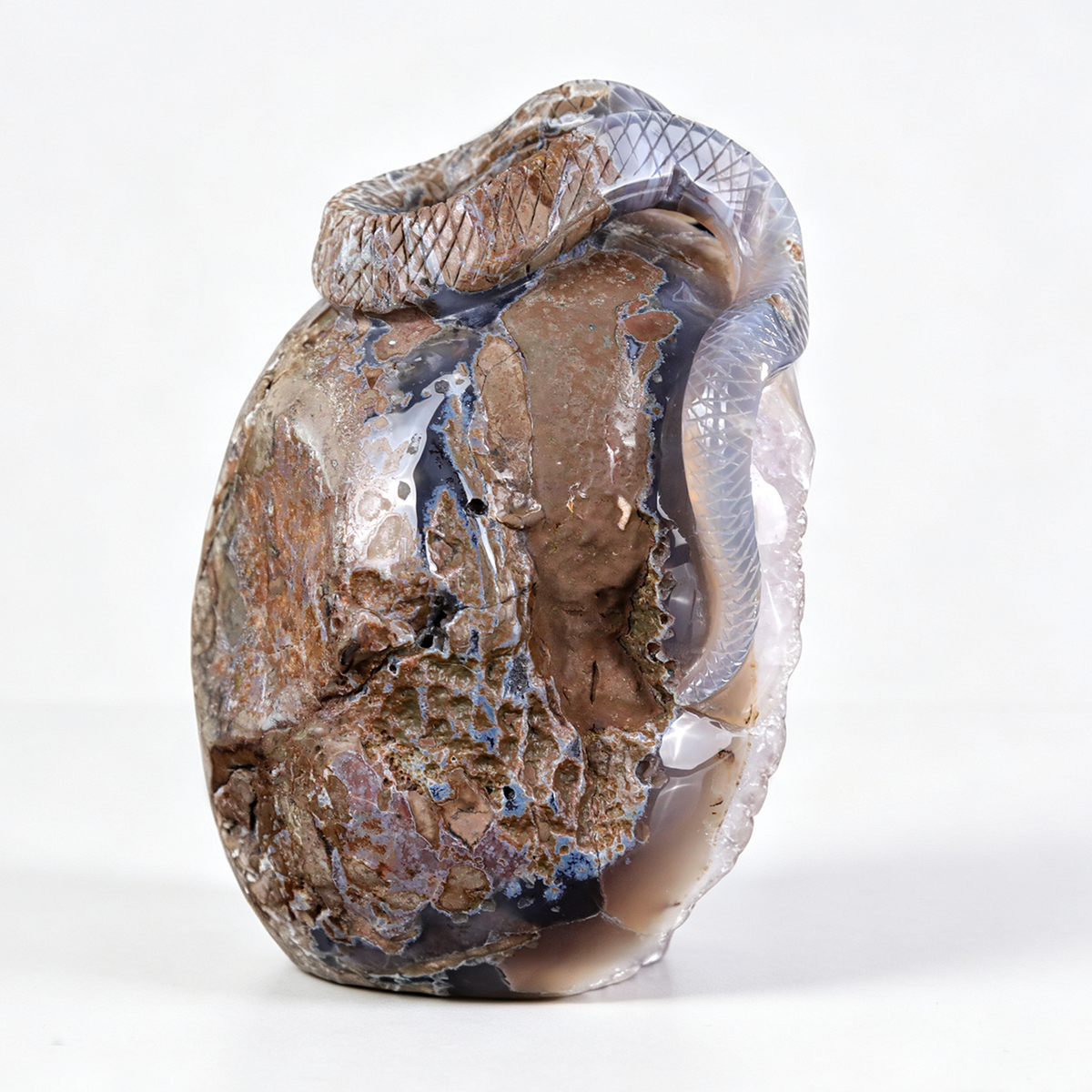 Back view of a one-of-a-kind Amethyst geode skull and serpent sculpture