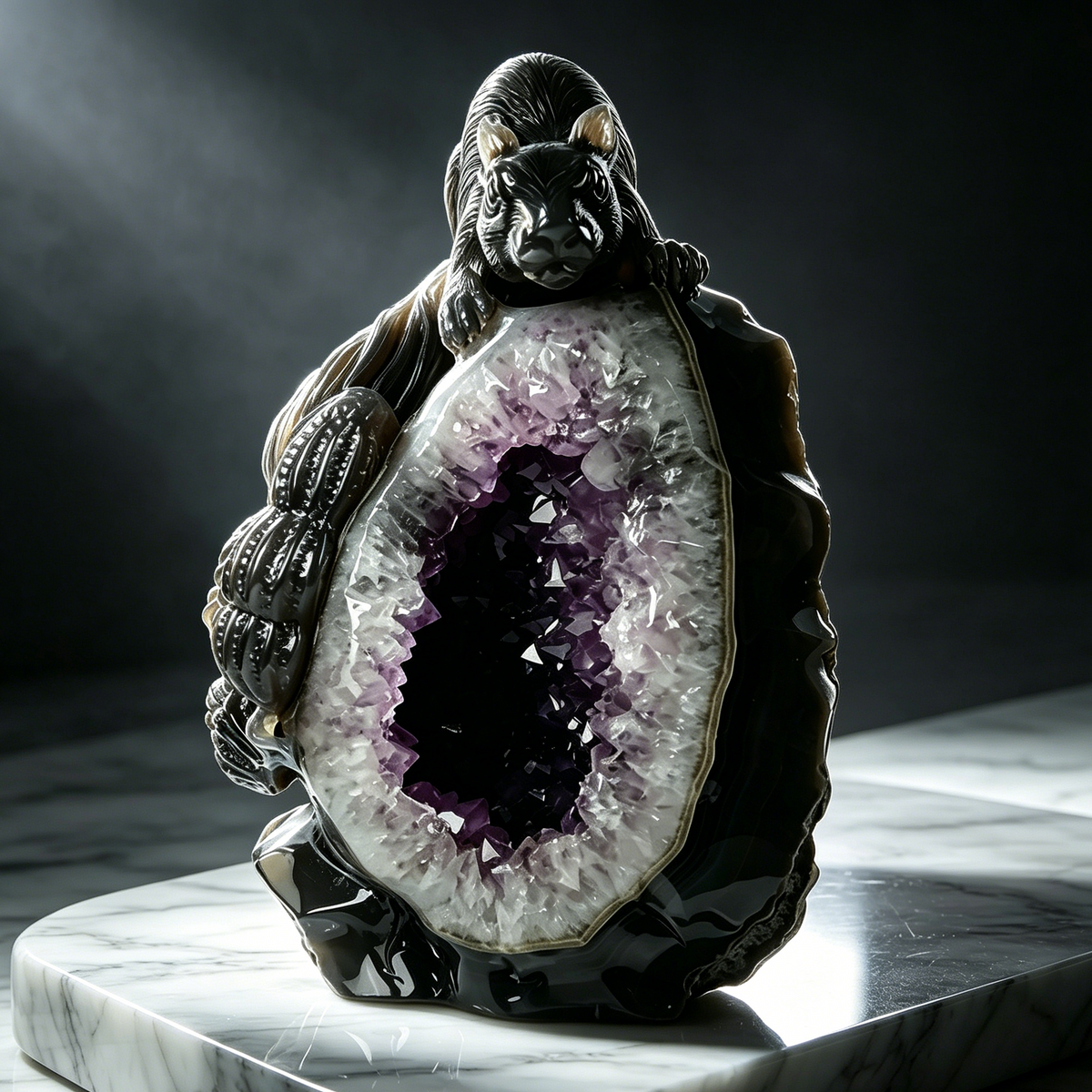 Additional view of a one-of-a-kind Amethyst geode squirrel carving