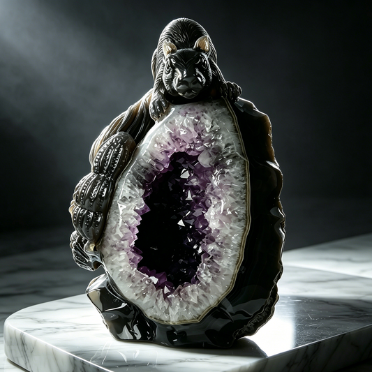 Additional view of a one-of-a-kind Amethyst geode squirrel carving