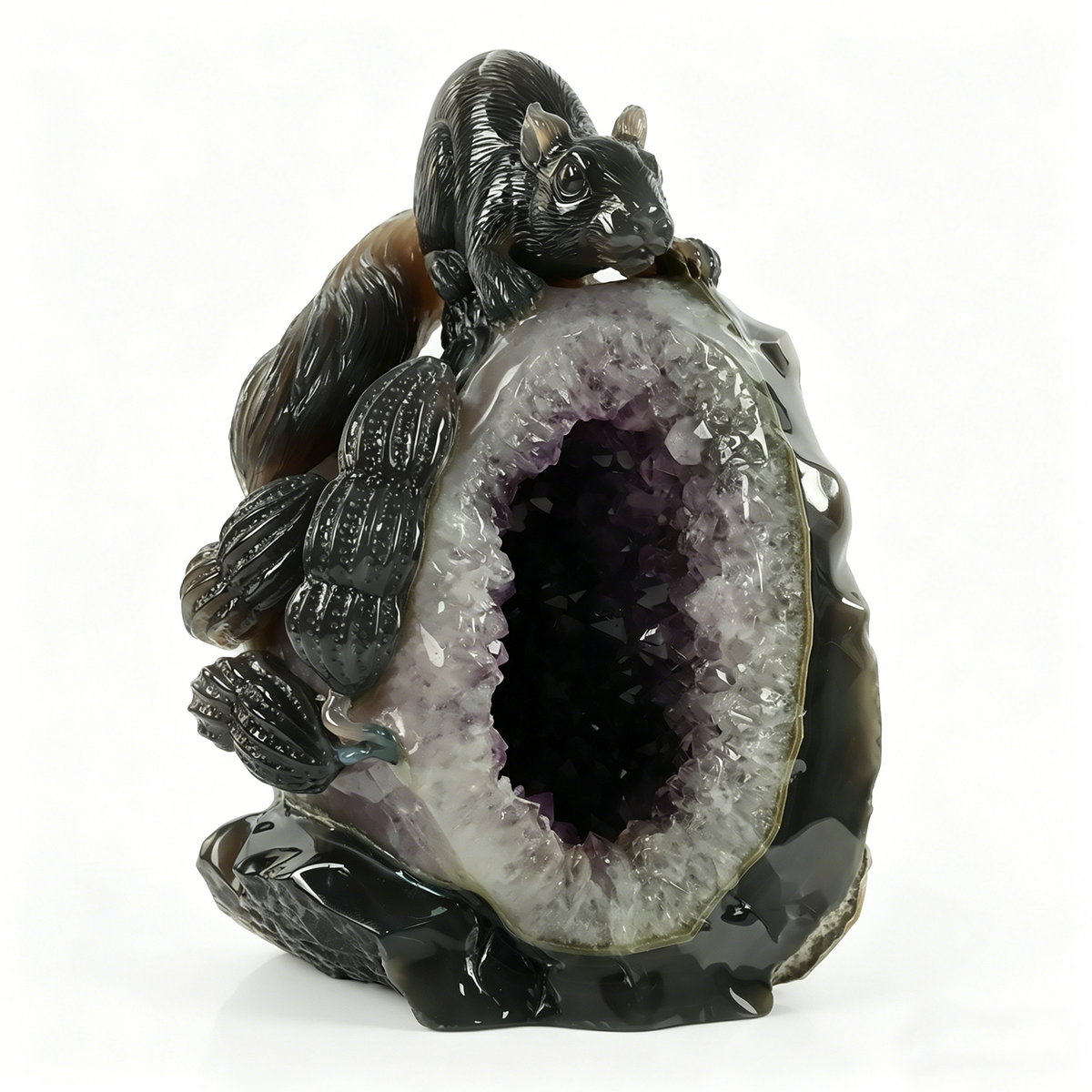Additional view of a one-of-a-kind Amethyst geode squirrel carving