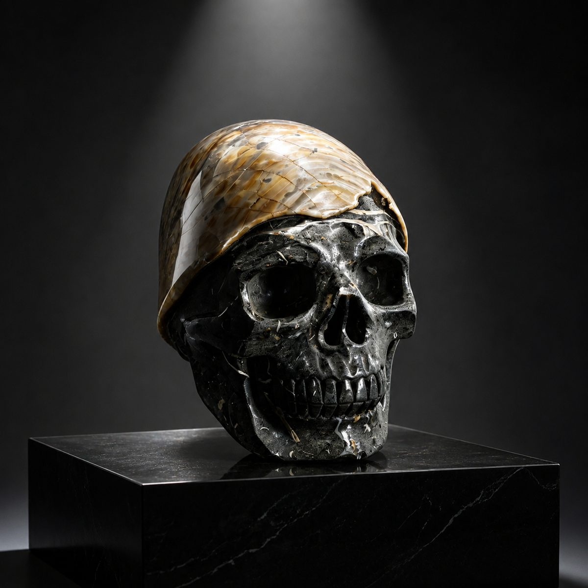 Additional view of a one-of-a-kind Ammonite Fossil fossil with carved skull sculpture