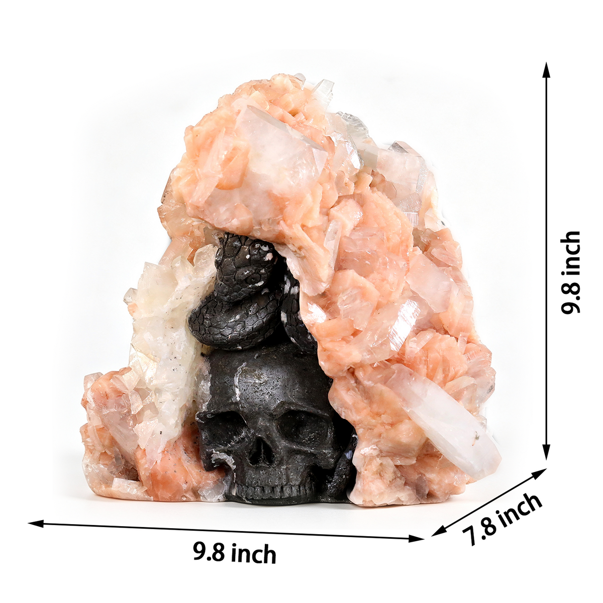 Additional view of a one-of-a-kind Apophyllite and Stilbite geode with serpents and skulls sculpture