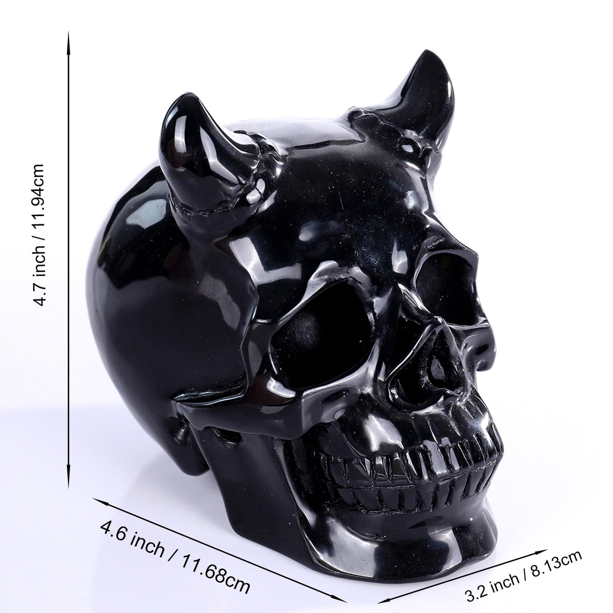 Additional view of a one-of-a-kind Black Obsidian horned skull carving