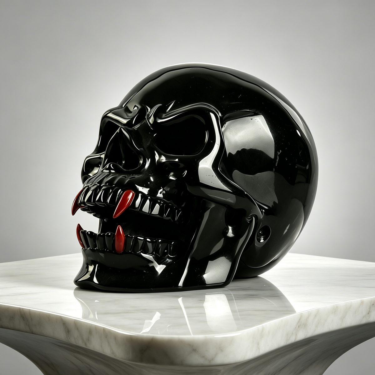 Additional view of a one-of-a-kind Black Obsidian and Red Jasper fanged skull carving