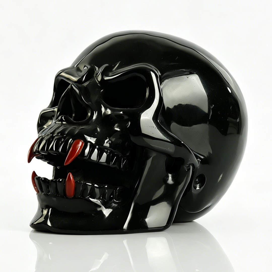 Additional view of a one-of-a-kind Black Obsidian and Red Jasper fanged skull carving