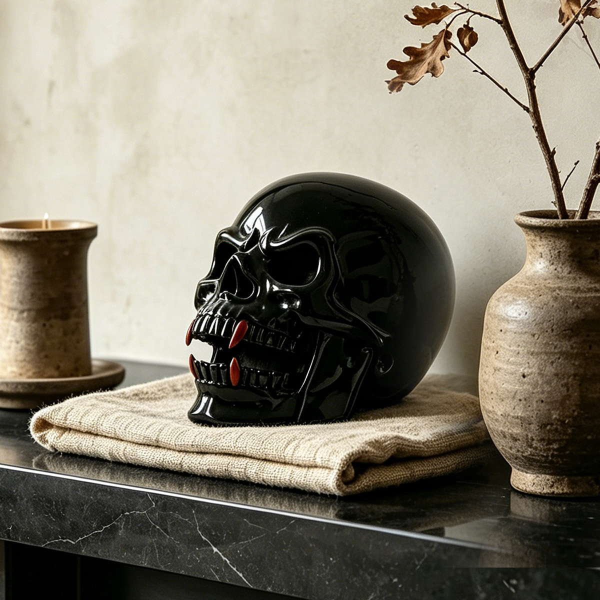 Additional view of a one-of-a-kind Black Obsidian and Red Jasper fanged skull carving