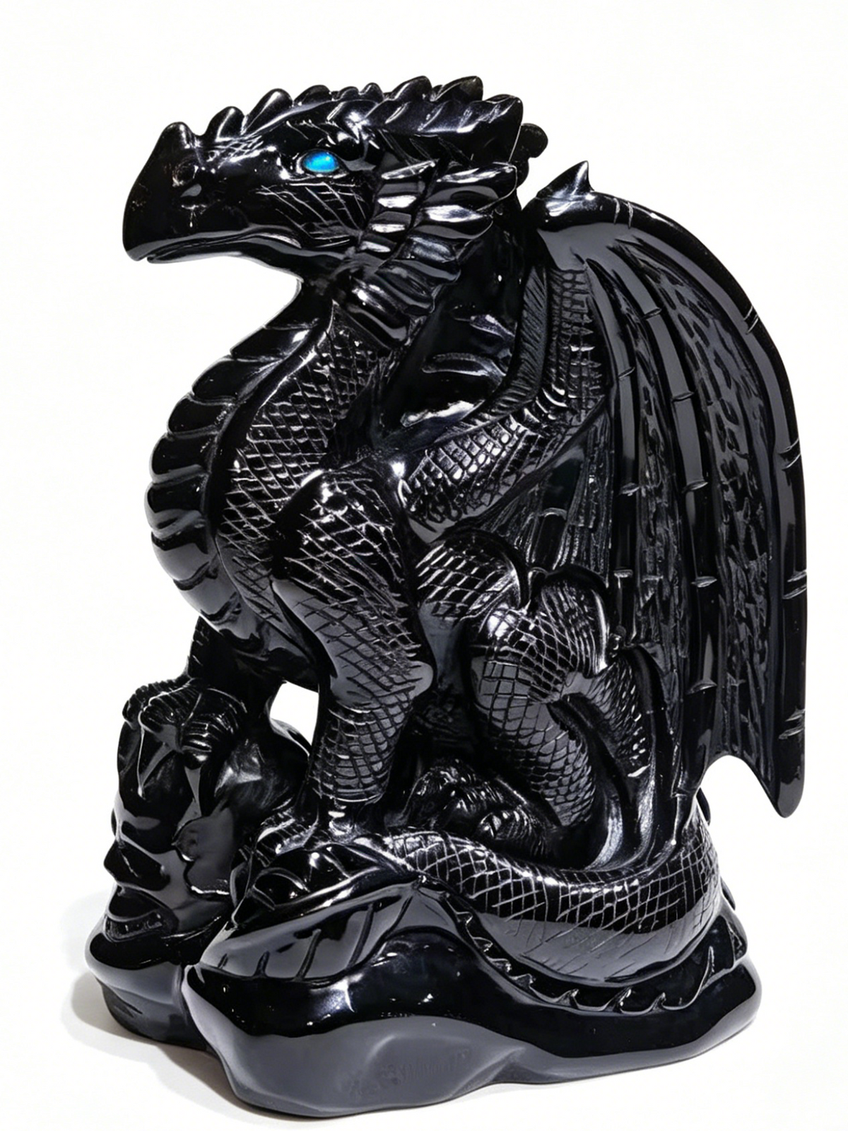 Additional view of a one-of-a-kind Black Obsidian skull and winged dragon sculpture