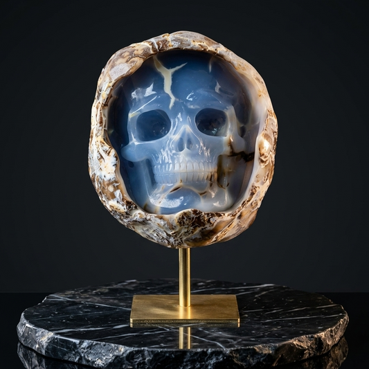 Additional view of a one-of-a-kind Blue Chalcedony cave skull carving in raw crust