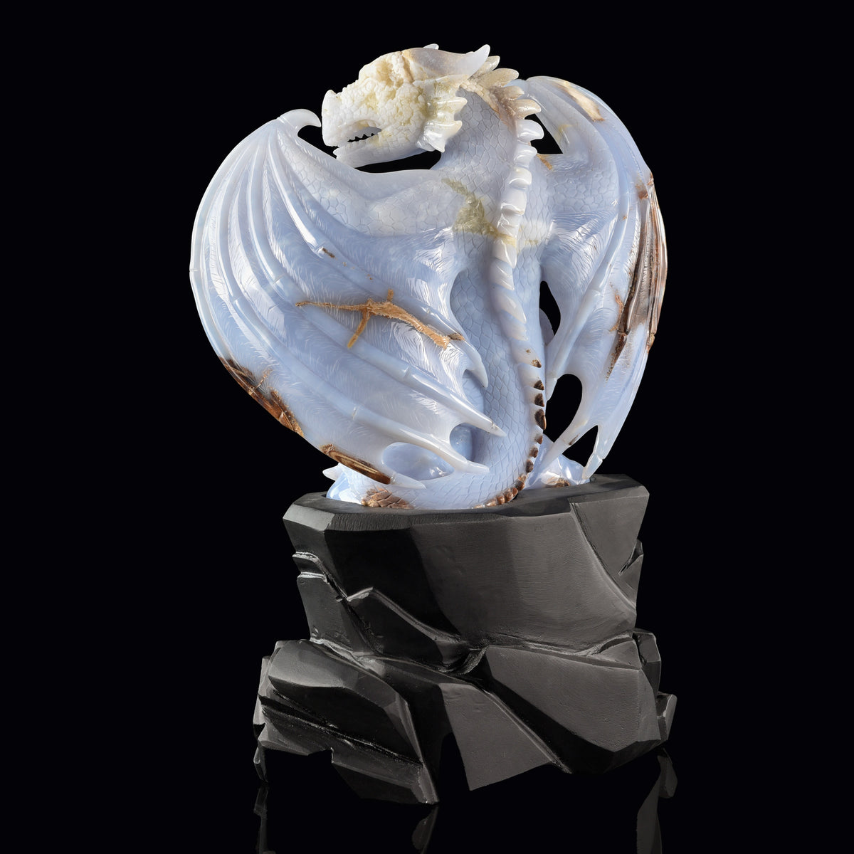 Additional view of a one-of-a-kind Blue Chalcedony dragon with egg and hatching dragon sculpture