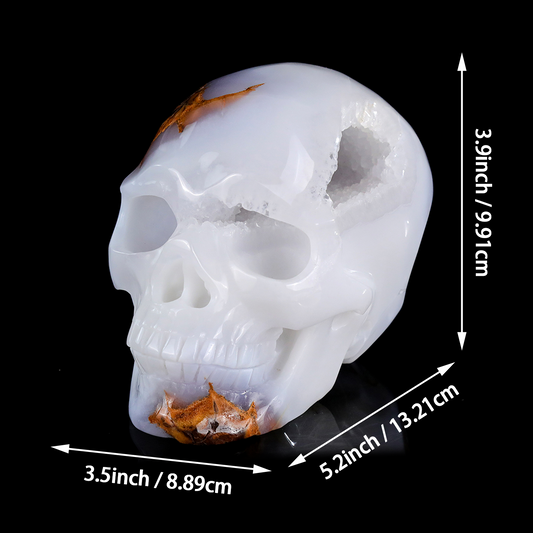 Additional view of a one-of-a-kind Blue Chalcedony geode skull carving
