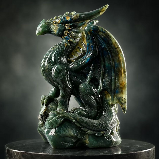Additional view of a one-of-a-kind Labradorite skull and winged dragon sculpture