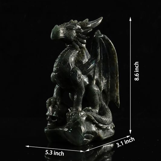 Additional view of a one-of-a-kind Labradorite skull and winged dragon sculpture