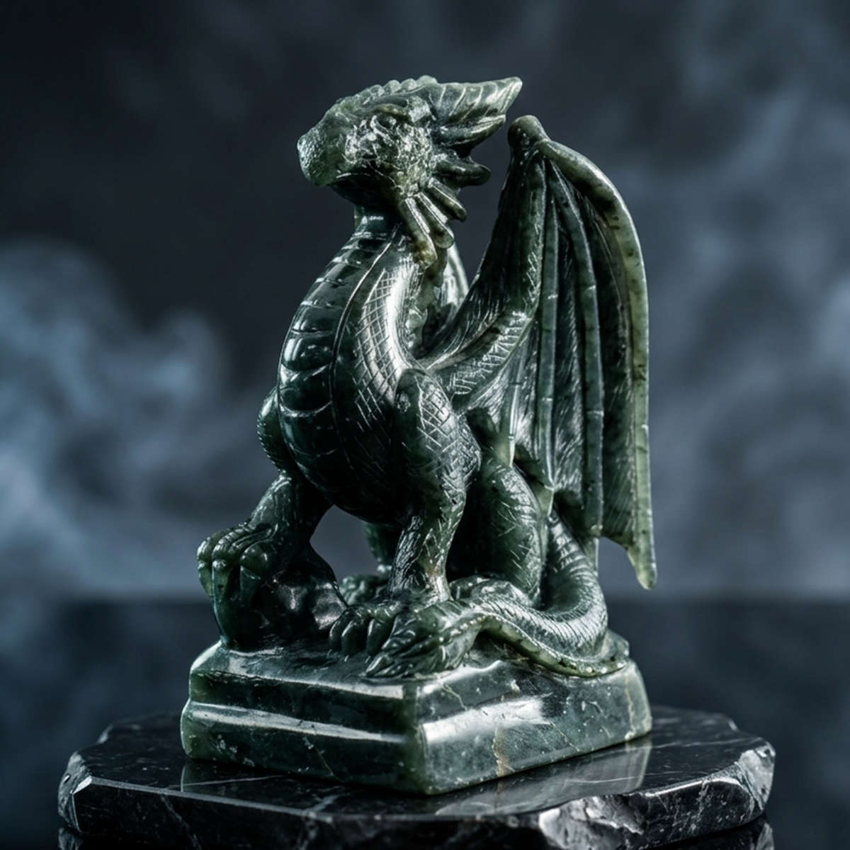 Additional view of a one-of-a-kind Labradorite winged dragon carving