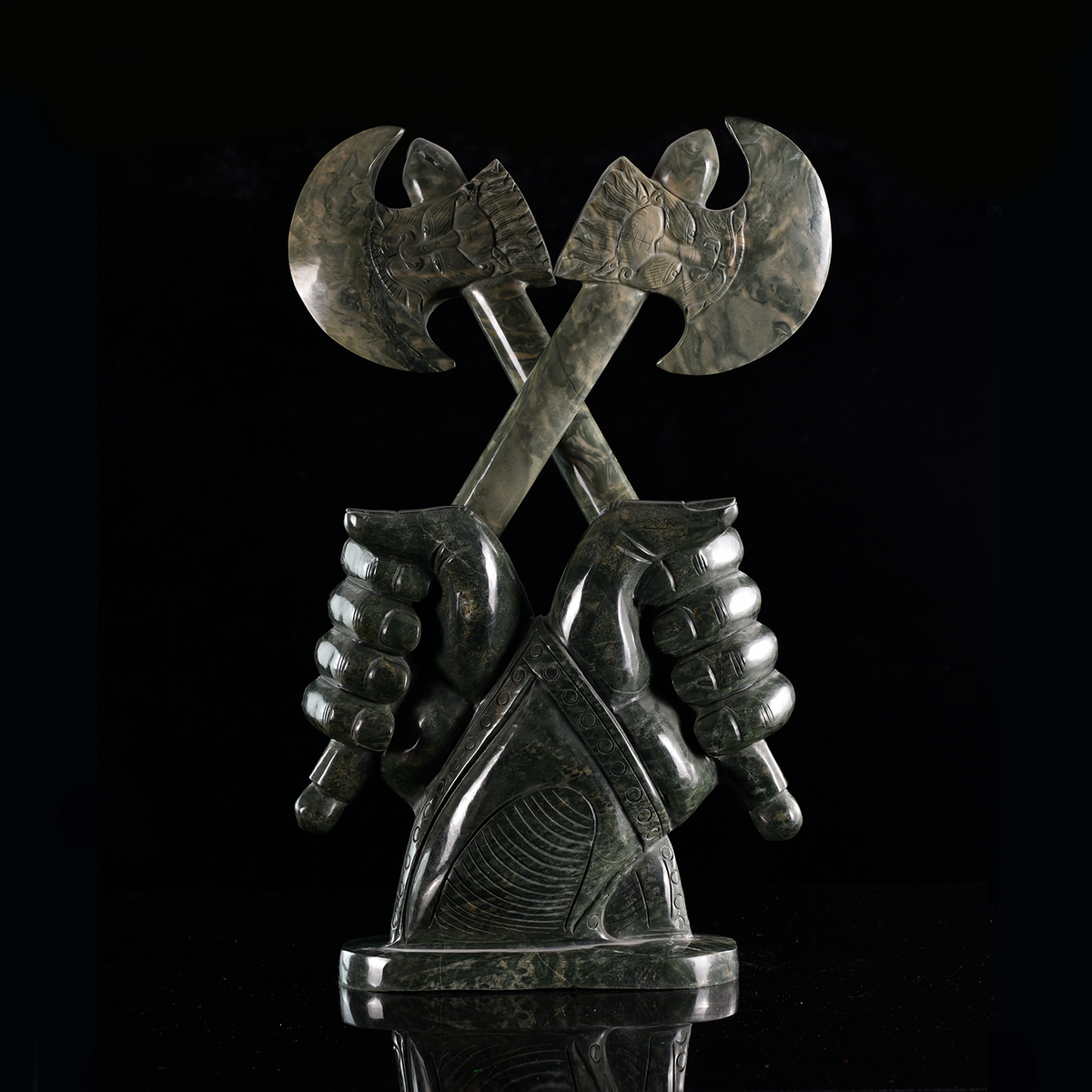Back view of a one-of-a-kind Nine Dragon Jade armored hands with crossed axes sculpture