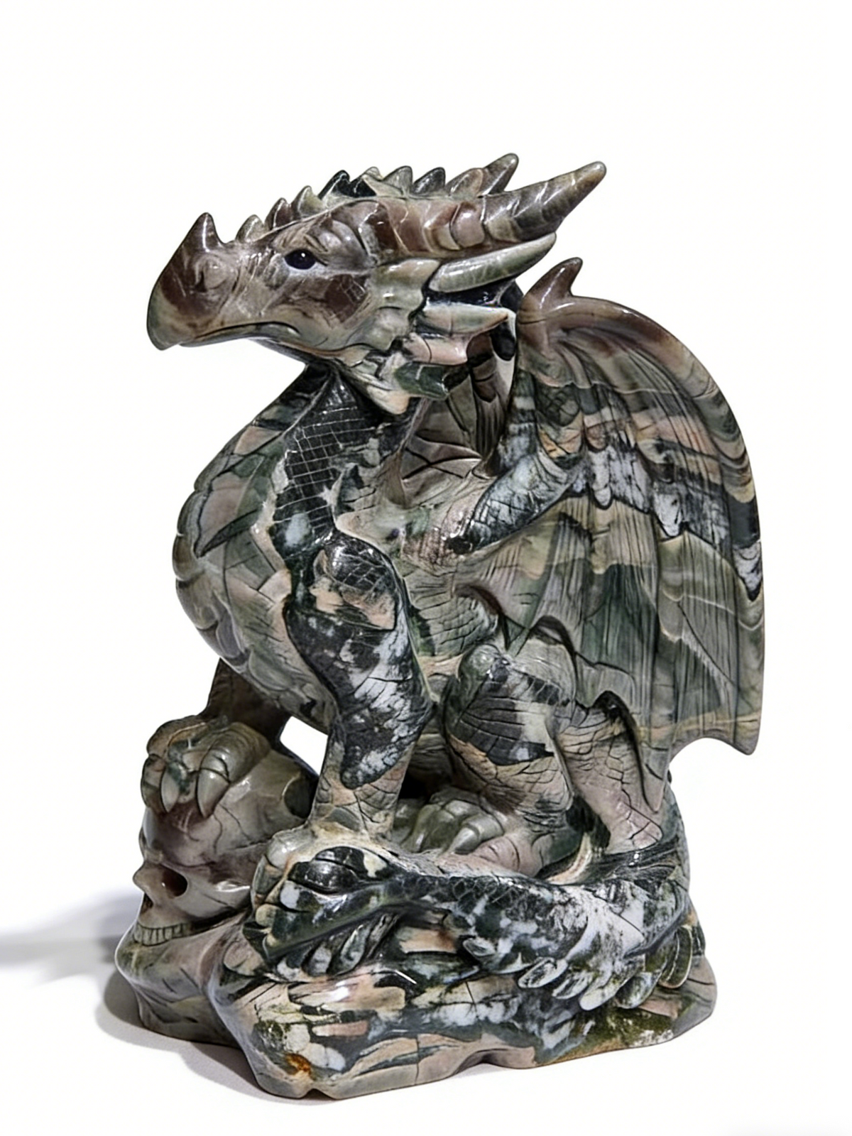 Additional view of a one-of-a-kind Nine Dragon Jade skull and winged dragon sculpture