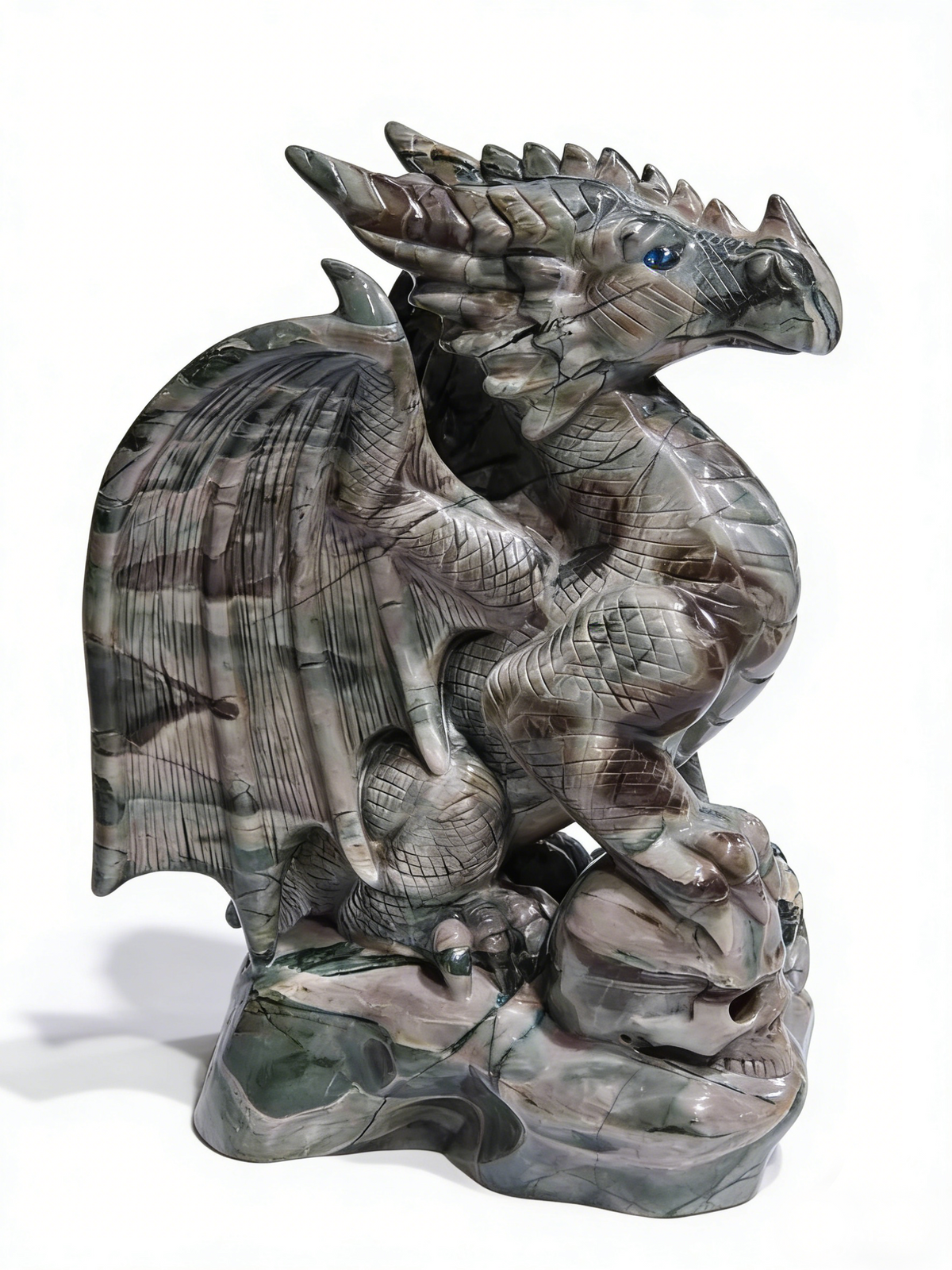 Additional view of a one-of-a-kind Nine Dragon Jade skull and winged dragon sculpture