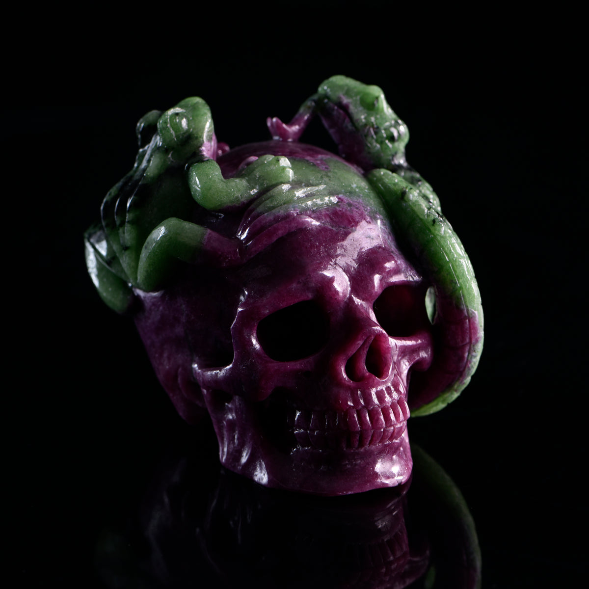 Additional view of a one-of-a-kind Ruby in Zoisite skull, serpent, and frog sculpture