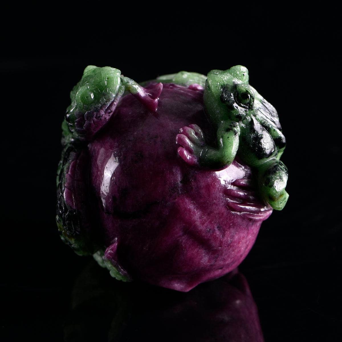 Additional view of a one-of-a-kind Ruby in Zoisite skull, serpent, and frog sculpture