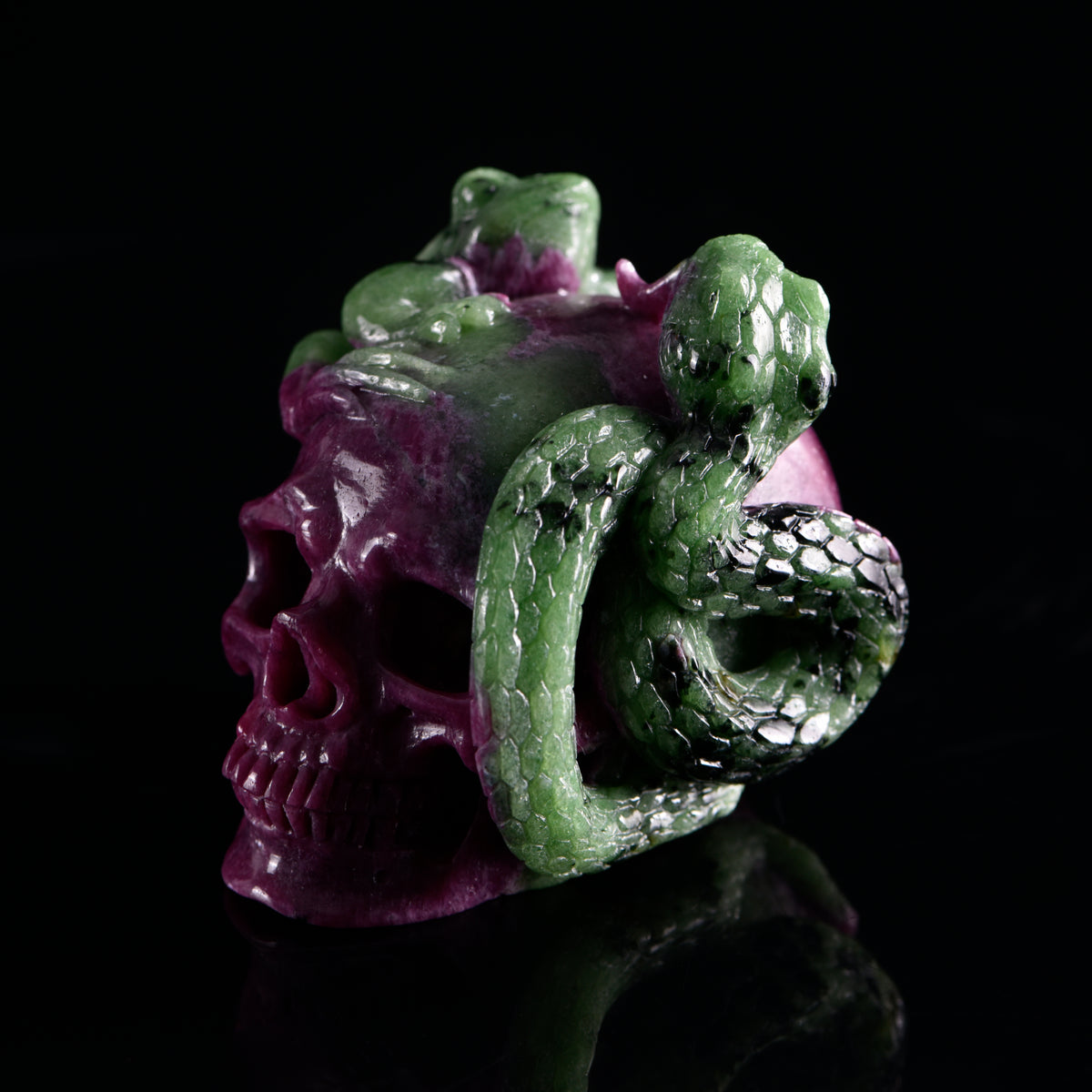 Additional view of a one-of-a-kind Ruby in Zoisite skull, serpent, and frog sculpture