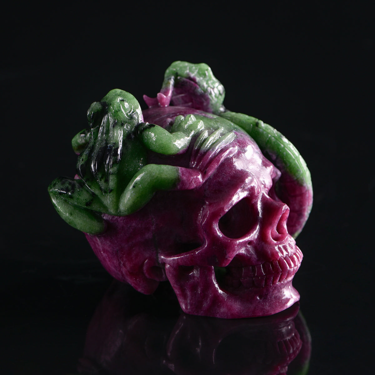Additional view of a one-of-a-kind Ruby in Zoisite skull, serpent, and frog sculpture