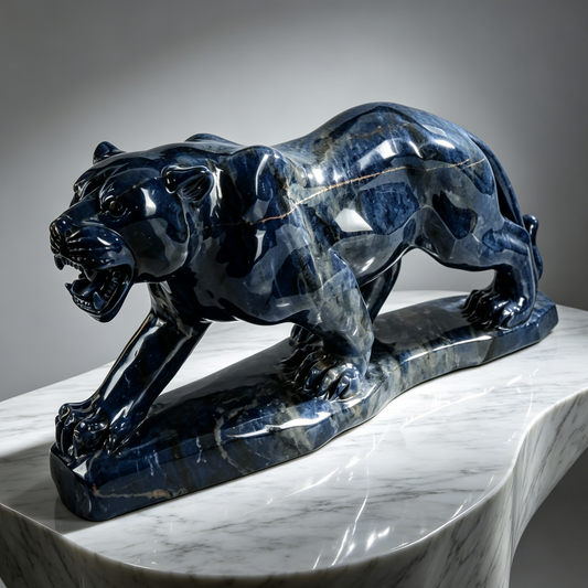 Additional view of a one-of-a-kind Sodalite leopard carving