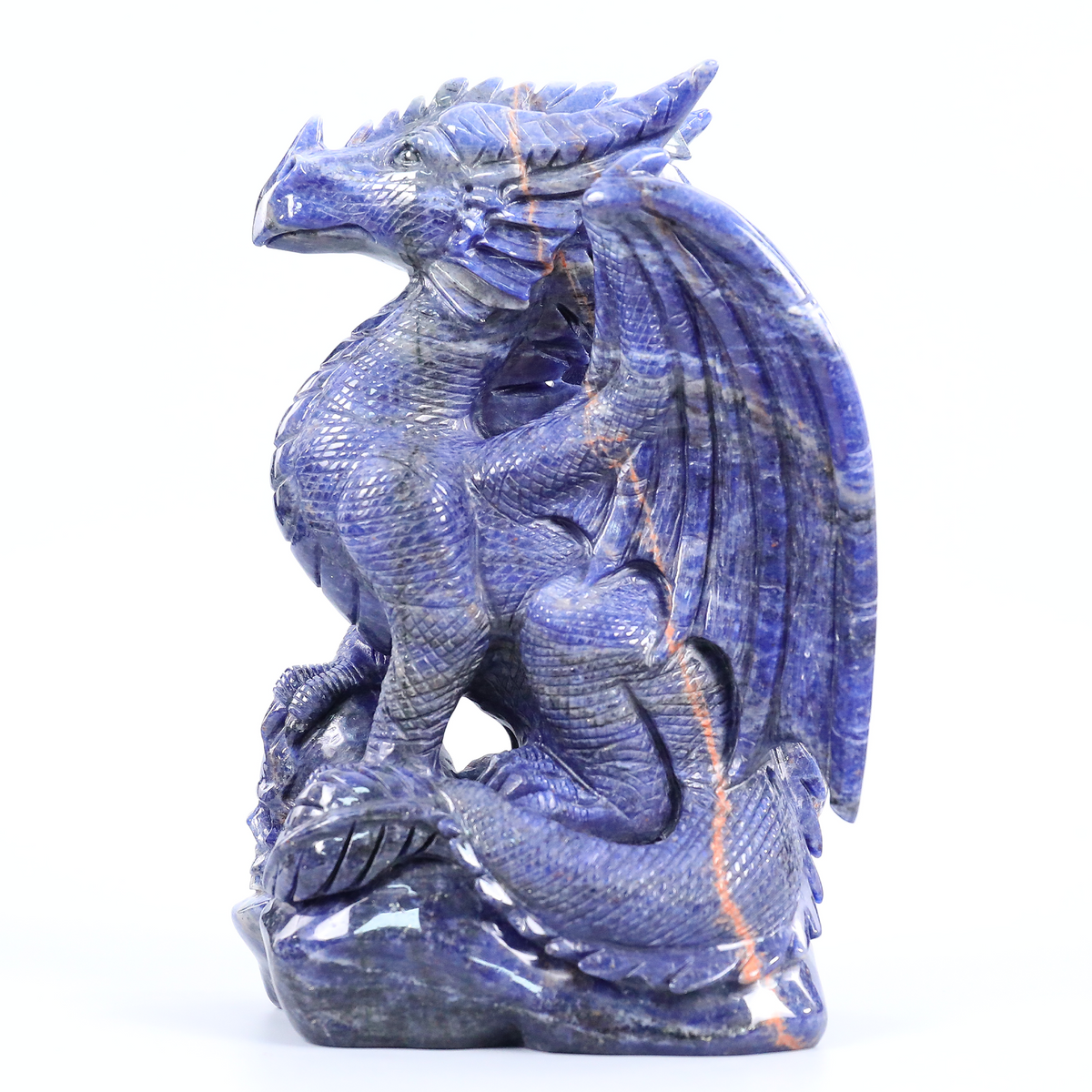 Additional view of a one-of-a-kind Sodalite skull and winged dragon sculpture