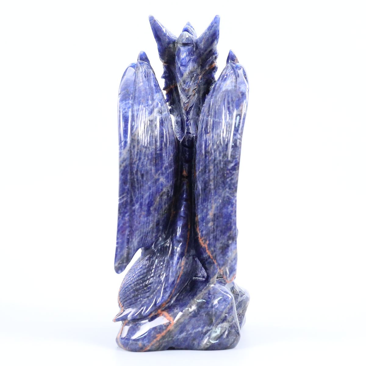 Additional view of a one-of-a-kind Sodalite skull and winged dragon sculpture