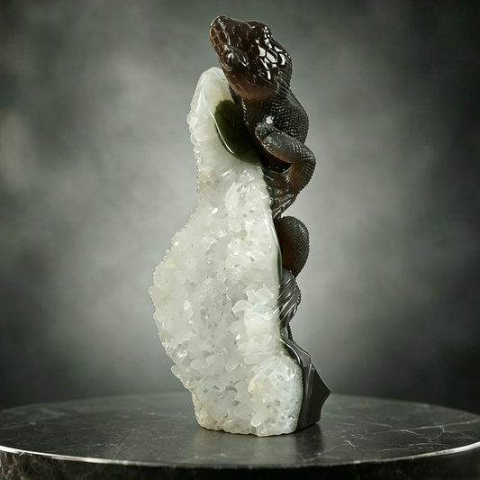 Additional view of a one-of-a-kind White Quartz crystal-cluster lizard carving