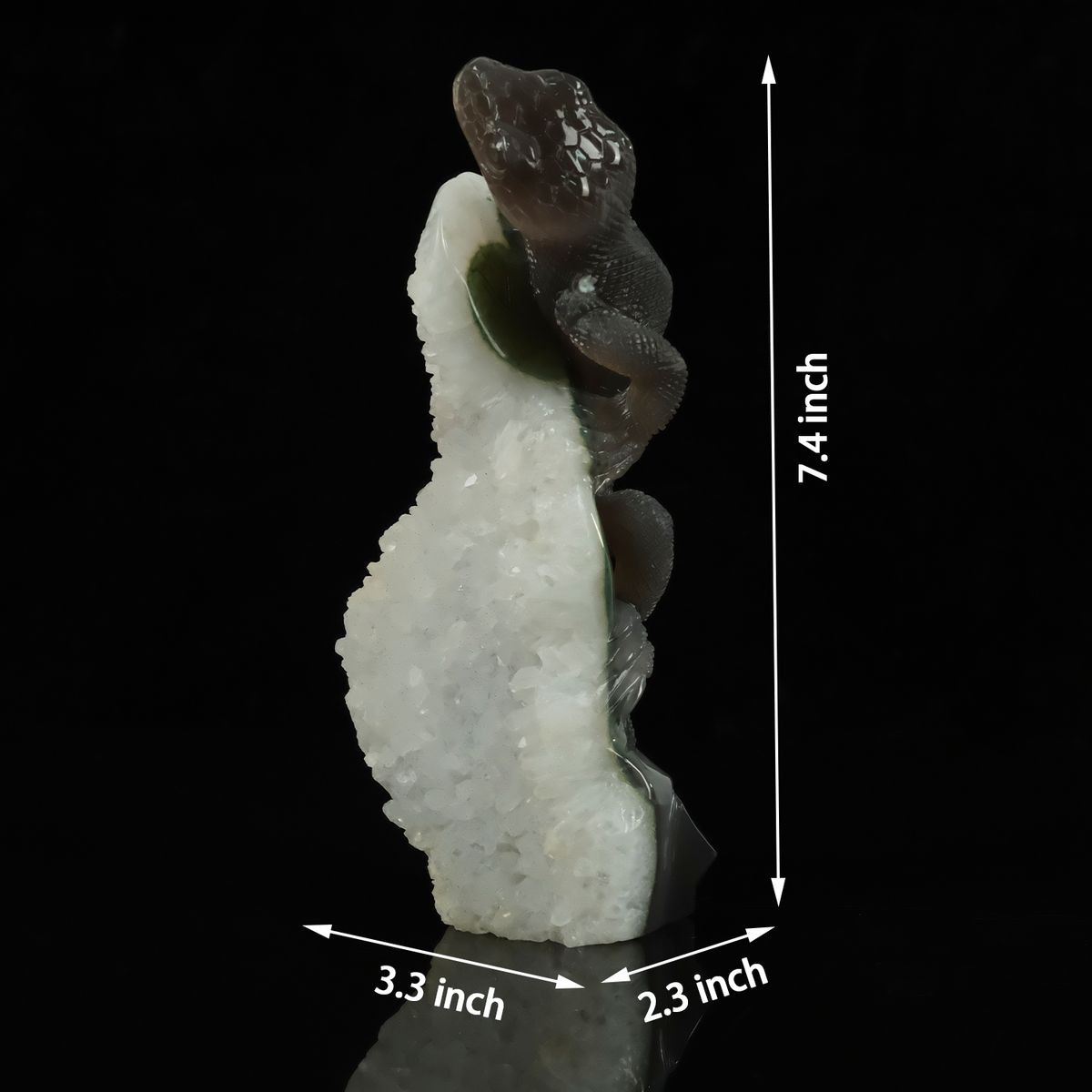 Additional view of a one-of-a-kind White Quartz crystal-cluster lizard carving
