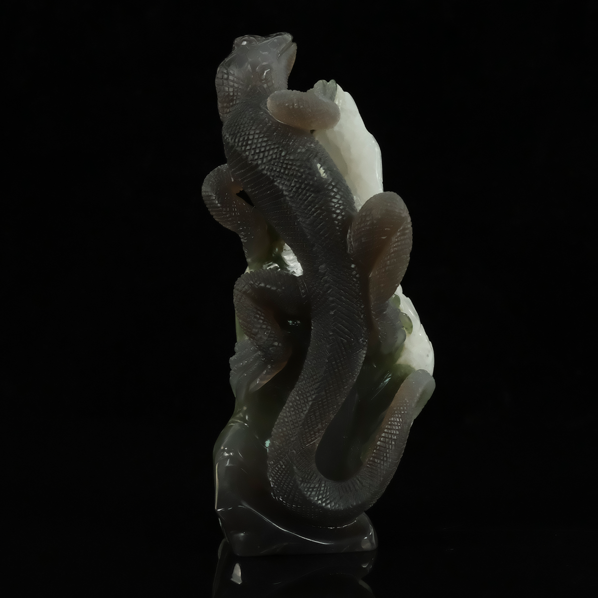 Additional view of a one-of-a-kind White Quartz crystal-cluster lizard carving