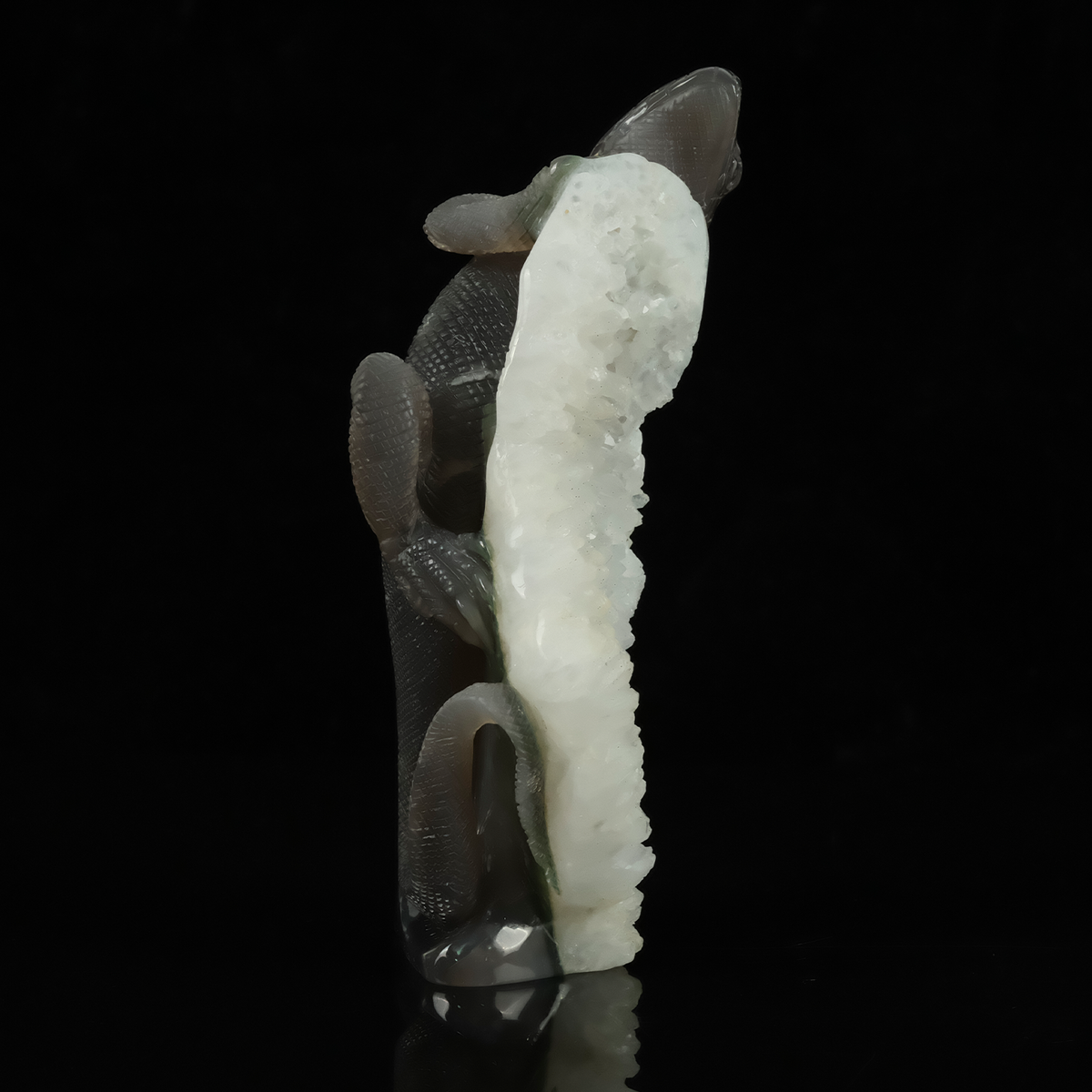 Additional view of a one-of-a-kind White Quartz crystal-cluster lizard carving