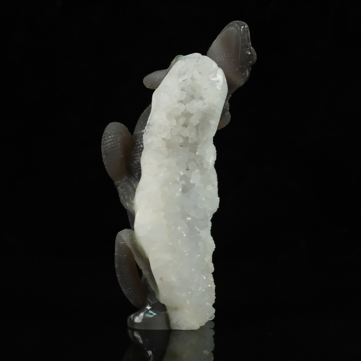 Additional view of a one-of-a-kind White Quartz crystal-cluster lizard carving
