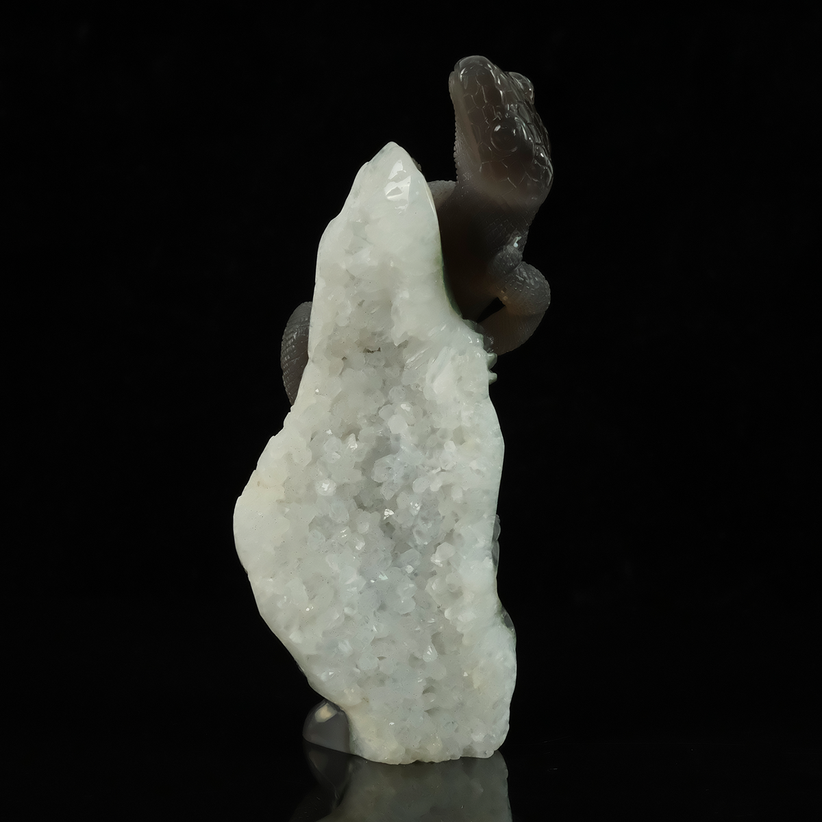 Additional view of a one-of-a-kind White Quartz crystal-cluster lizard carving