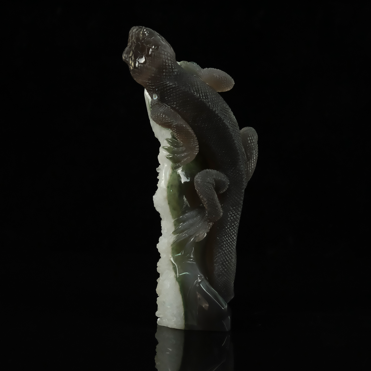 Additional view of a one-of-a-kind White Quartz crystal-cluster lizard carving