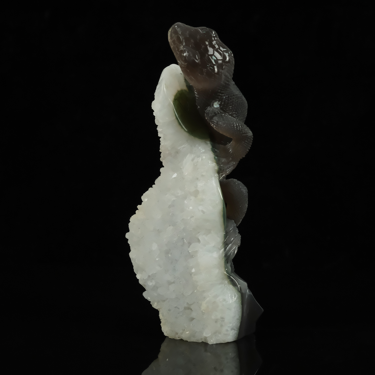 Additional view of a one-of-a-kind White Quartz crystal-cluster lizard carving
