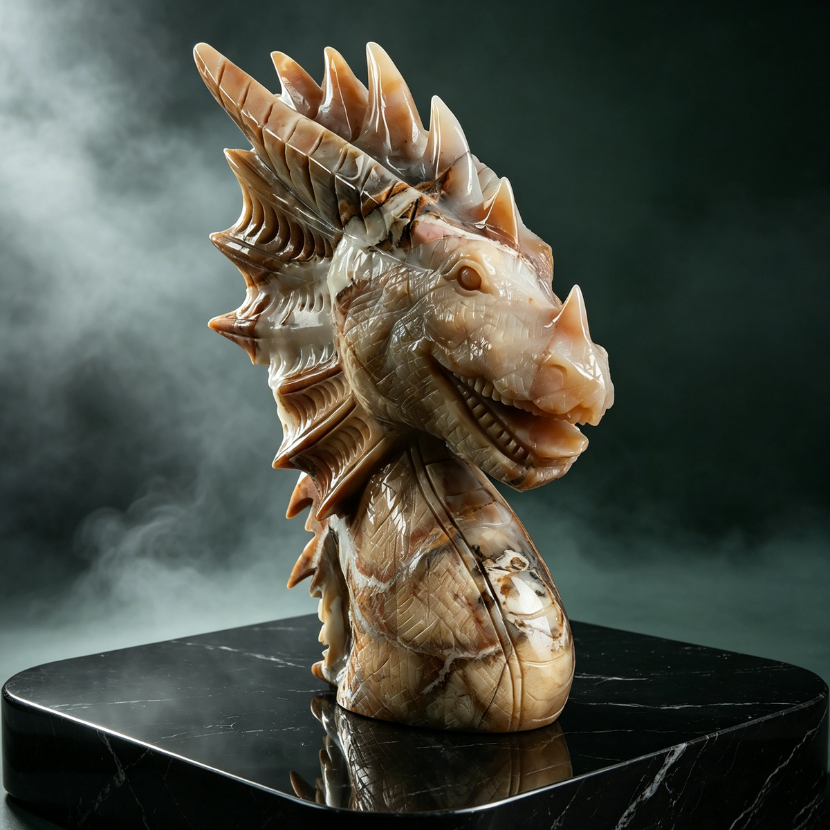 Additional view of a one-of-a-kind Yellow Chalcedony dragon-head carving