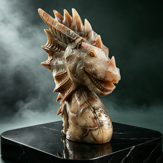 Additional view of a one-of-a-kind Yellow Chalcedony dragon-head carving