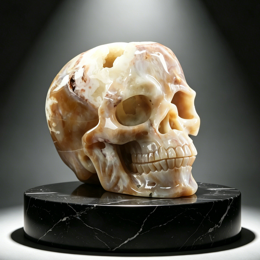 Additional view of a one-of-a-kind Yellow Chalcedony geode skull carving