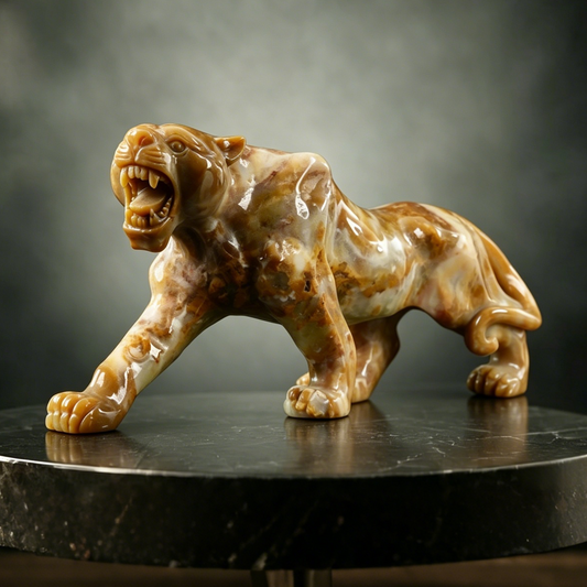 Additional view of a one-of-a-kind Yellow Chalcedony leopard carving