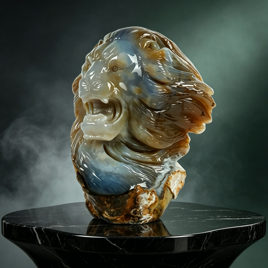Additional view of a one-of-a-kind Yellow Chalcedony lion-head carving