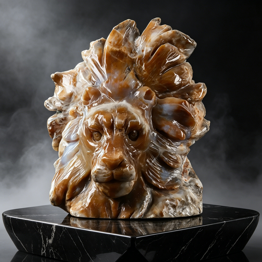 Additional view of a one-of-a-kind Yellow Chalcedony lion-head carving