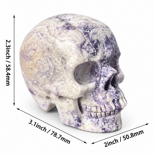 Additional view of a 3-inch Purple Peacock Stone human skull carving