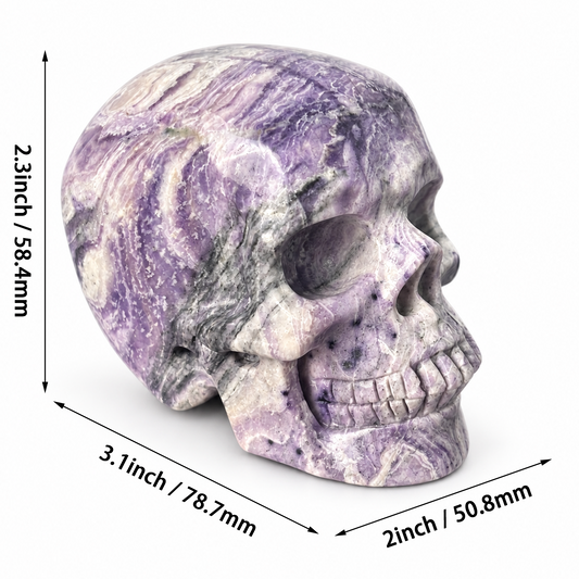 Additional view of a 3-inch Purple Peacock Stone human skull carving
