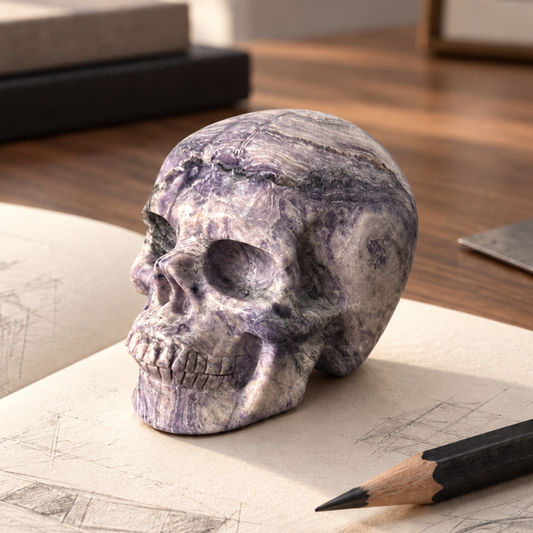 Main view of a 3-inch Purple Peacock Stone human skull carving