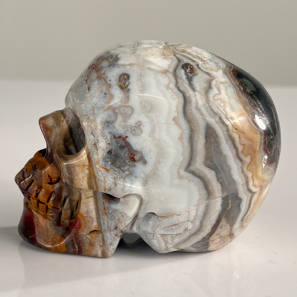 Left view of a 3-inch Red Crazy Lace Agate human skull carving